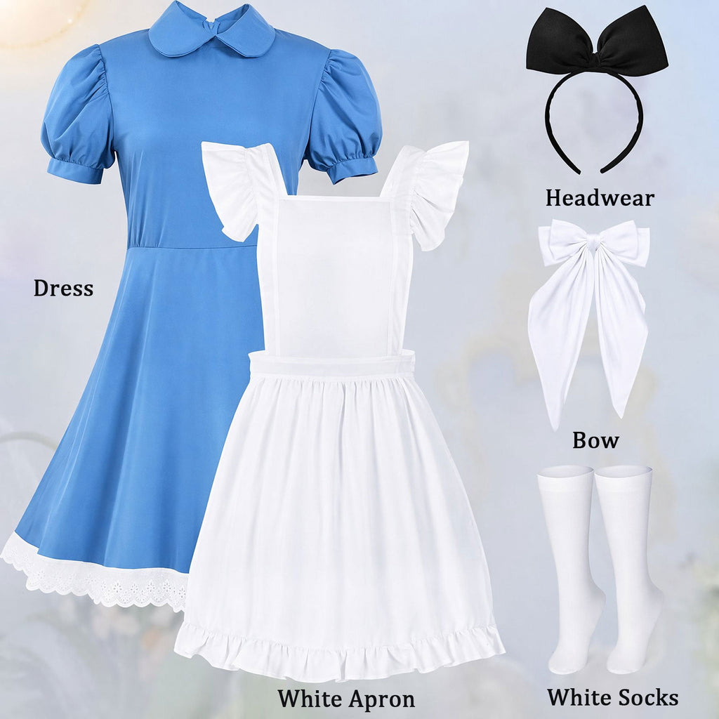 MARTINE MALL Women Halloween Blue White Princess Costume Dress With Bow Hair Band Stockings Set