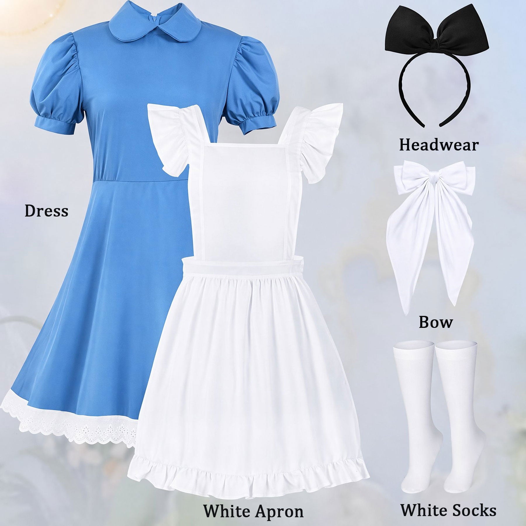 MARTINE MALL Women Halloween Blue White Princess Costume Dress With Bow Hair Band Stockings Set