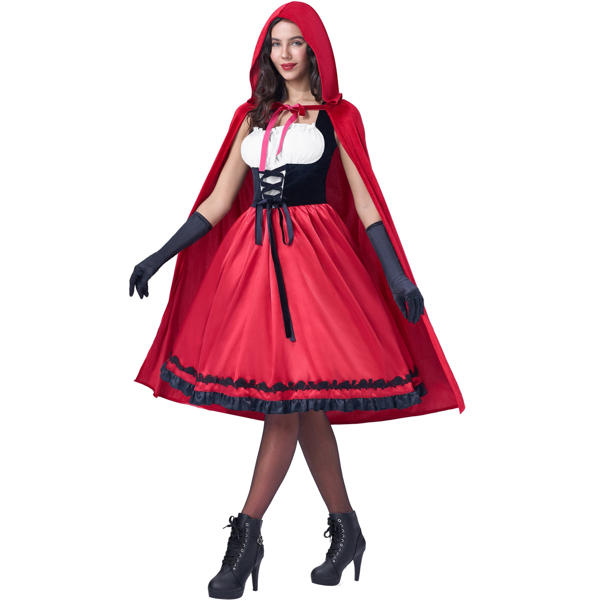 Joyfy Women Little Red Riding Hooded Costume with Dress, Cape and Gloves, Adult Women Halloween Costume for Halloween Party Cosplay