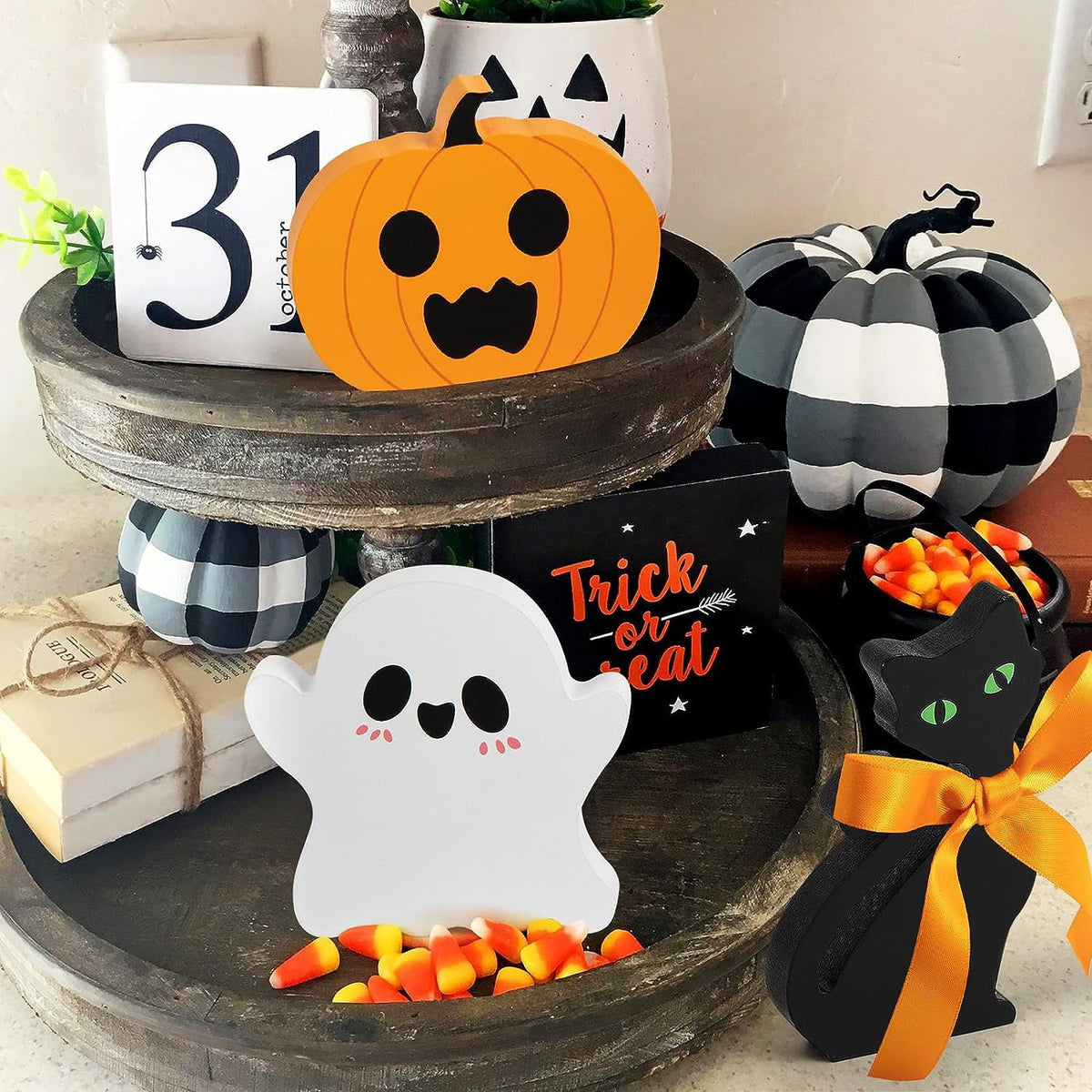 Halloween Decorations Indoor Halloween Tiered Tray Decorations Cute Ghost Wooden Decor Halloween Tabletop Decorations Pumpkin Blocks Signs for Home Decoration Set of 3
