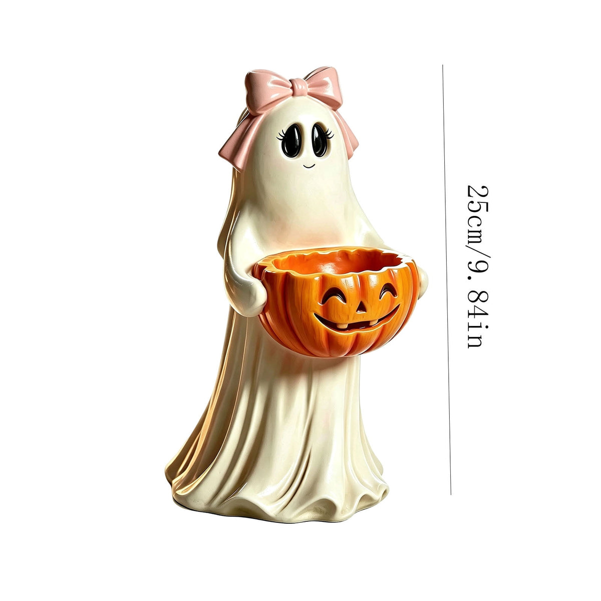Clearance Halloween Ghost Resin Figurine with Black Cat & Pumpkin Candy Bowl 10“- Cute Spooky Tabletop Decor for Home Mantel, Shelf, and Indoor Fall Display