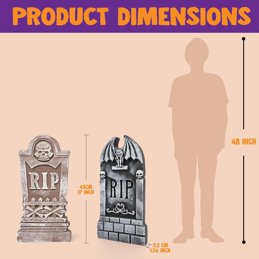 Joyfy 17" Halloween 5 Pack Tombstone Decorations, Foam RIP Graveyard Signs Cemetery Headstones Scary Outdoor Indoor Halloween Decor with 12 Metal Stakes for Easy Set Up, Waterproof for Garden Lawn