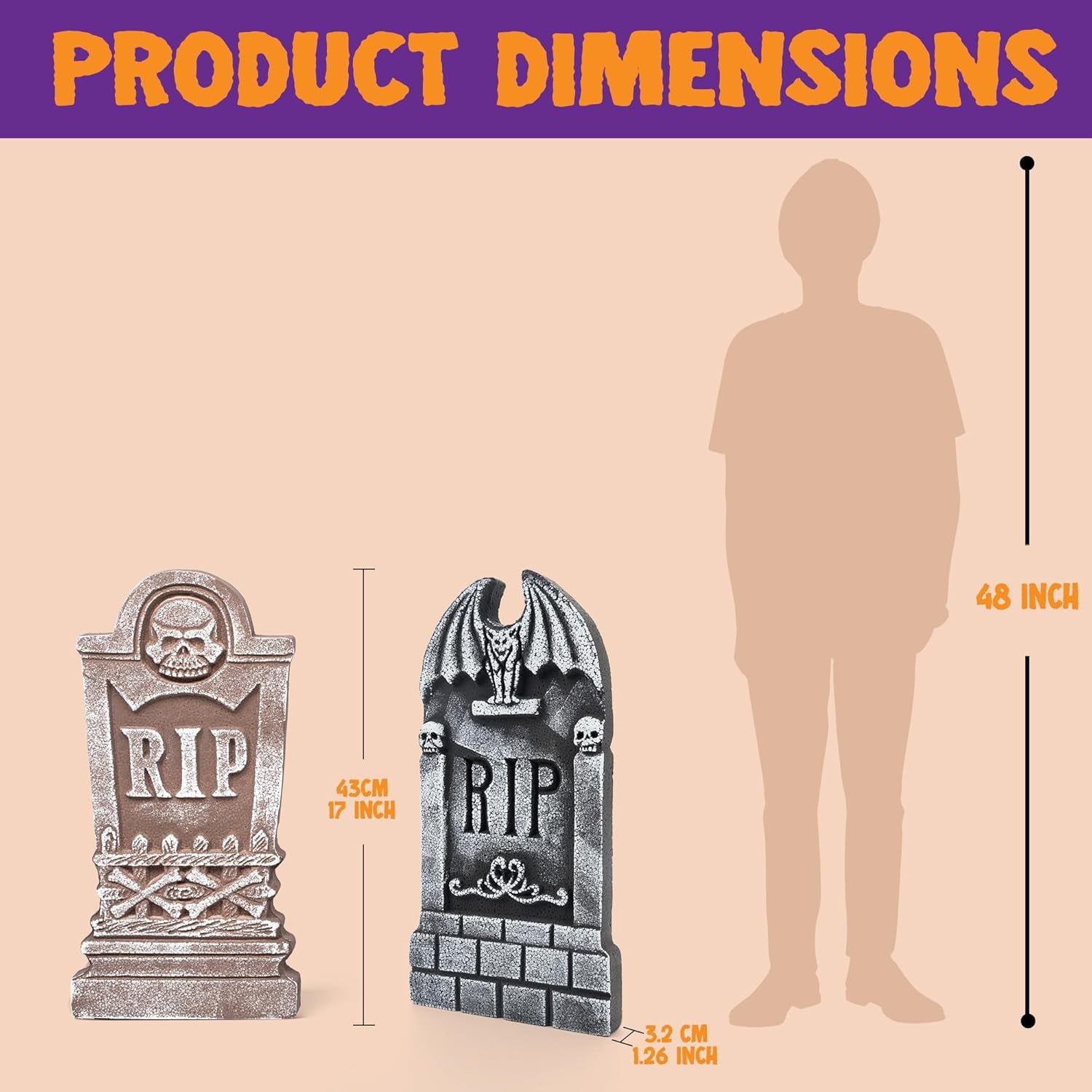 Joyfy 17" Halloween 5 Pack Tombstone Decorations, Foam RIP Graveyard Signs Cemetery Headstones Scary Outdoor Indoor Halloween Decor with 12 Metal Stakes for Easy Set Up, Waterproof for Garden Lawn