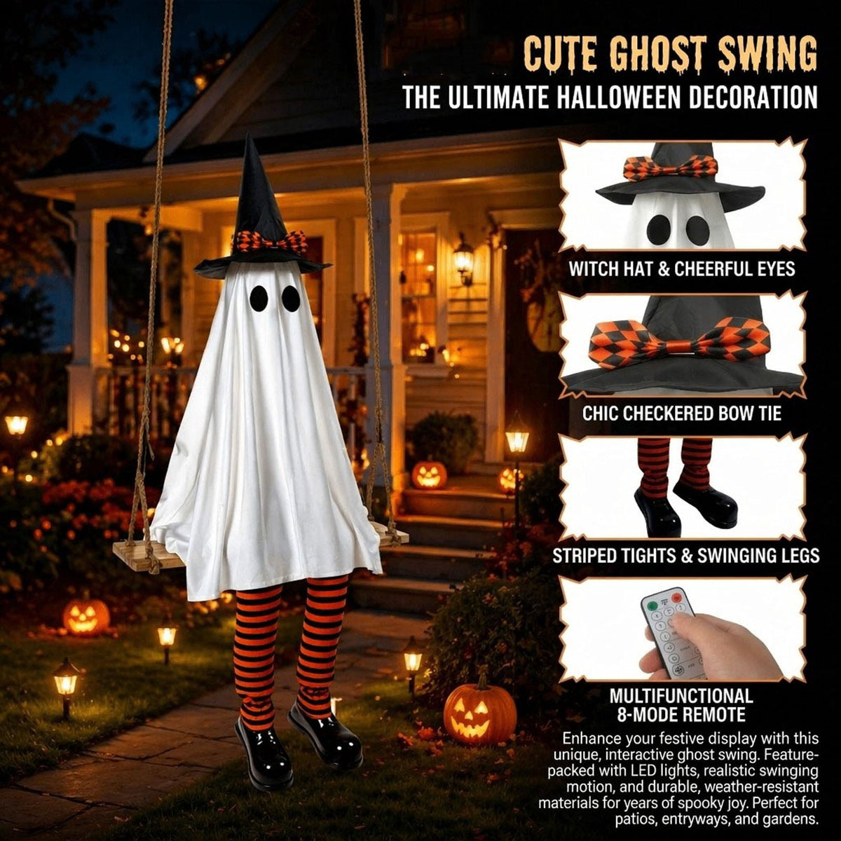 Clearance 5 FT Hanging Ghost Decor,Early Halloween Decorations Light-Up Flying Ghost on Broomstick with Witch Hat, Witch Broom, Spooky Cute Outdoor Halloween Decorations for Front Porch Yard Tree