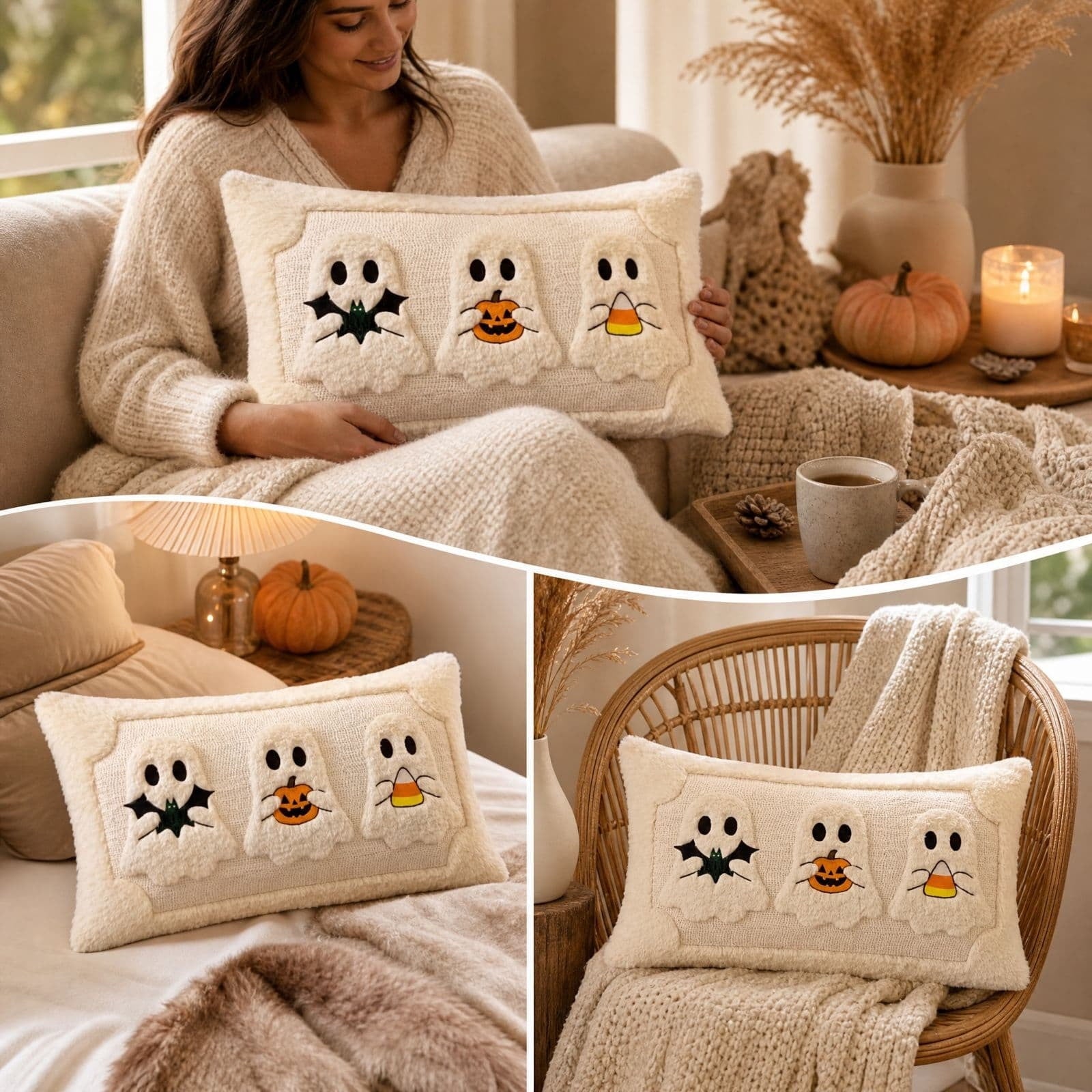 Halloween Ghost Reading Book Throw Pillow Cover, Spooky Library Bookshelf Skull Candlestick Decorative Pillowcase, Retro Halloween Cushion Cover