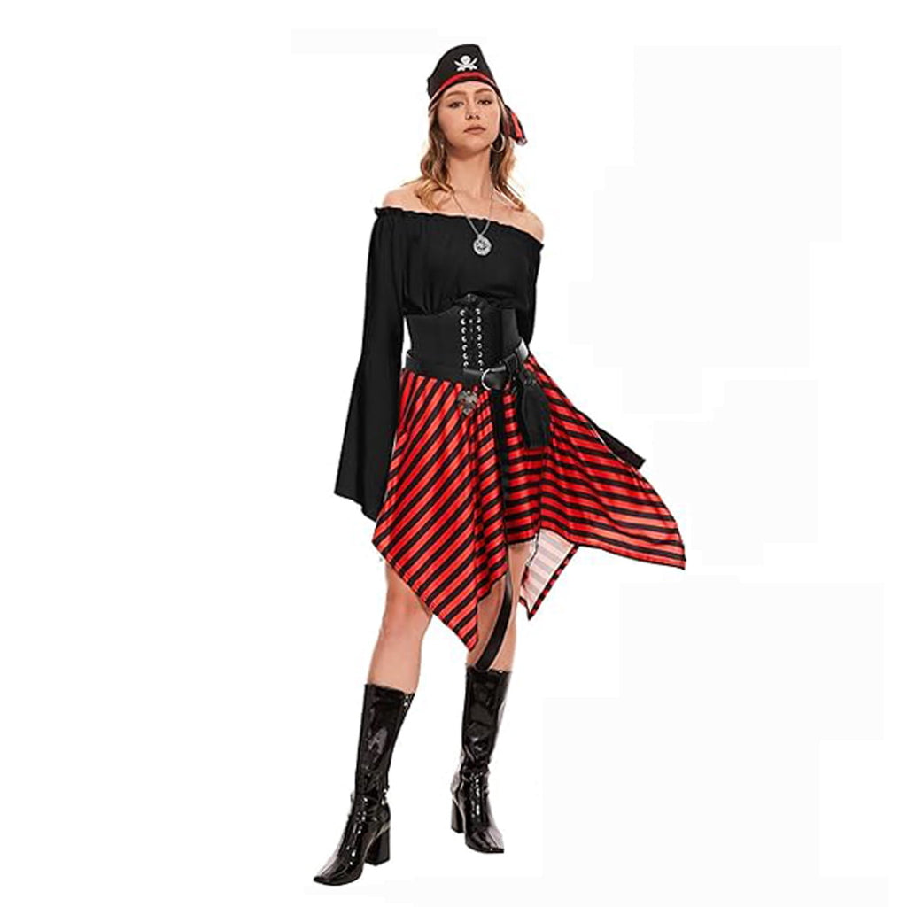 HNKMDK Adult Pirate Costumes for Women Halloween Queen Costumes Renaissance Shirts Pirate Skirts Turbans Waistbands Eye Masks(White,L)