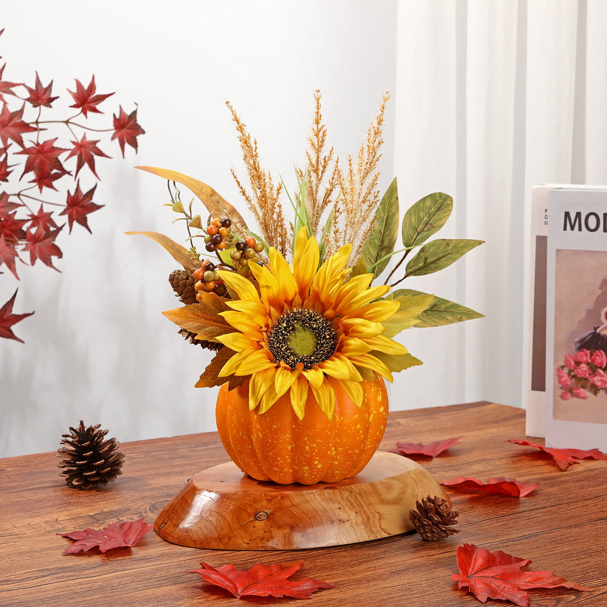 Briful 12.9"Artificial Pumpkin Floral Arrangement with Orange Sunflowers Leaves Fall Table Centerpiece for Harvest Autumn Décor