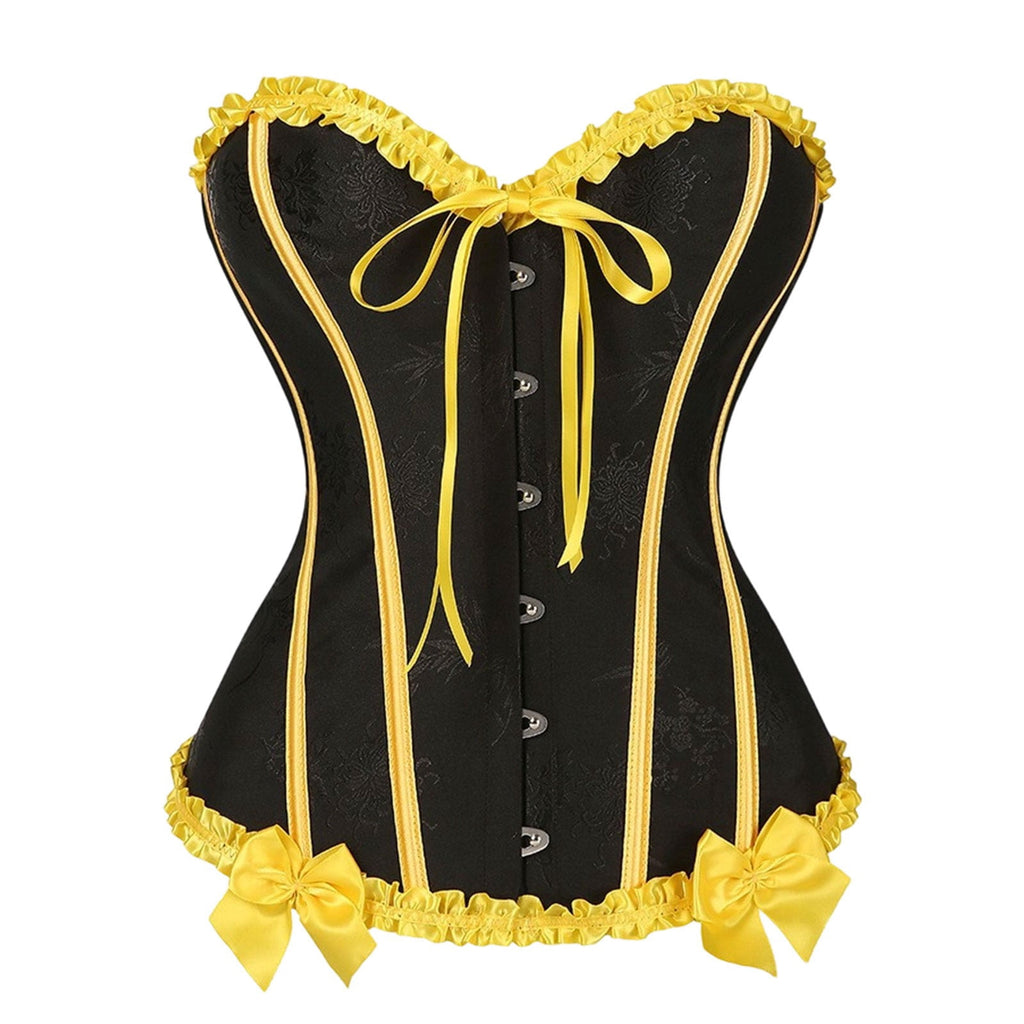 JOANKDMI Women's Chic Gothic Steampunk Corset Top with Ribbon Tie and Ruffle Trim Elegant Bustier for Pirate Roleplay and Vampire Halloween Dress Up Outfit