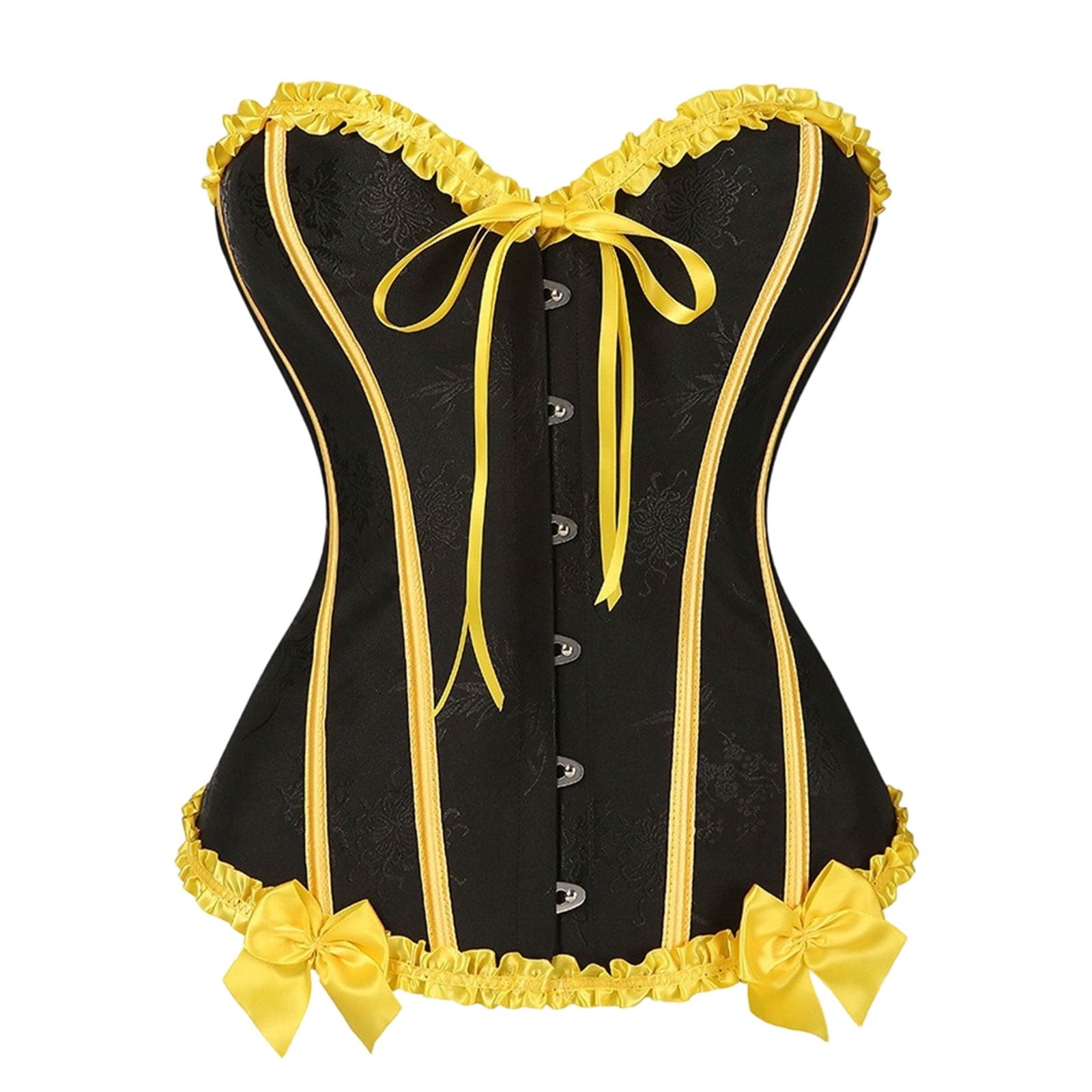 JOANKDMI Women's Chic Gothic Steampunk Corset Top with Ribbon Tie and Ruffle Trim Elegant Bustier for Pirate Roleplay and Vampire Halloween Dress Up Outfit