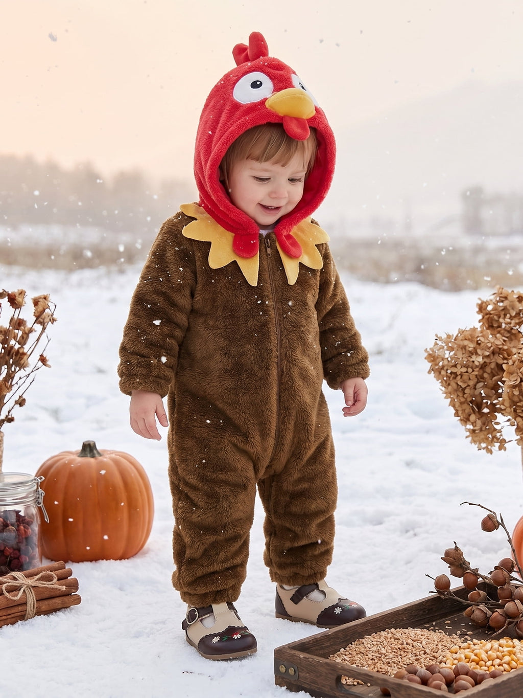 RUINIXCW Toddler Baby Boy Girl Thanksgiving Turkey Costume Newborn Baby Fall Winter Outfit Warm Fleece Hooded Jumpsuit Infant Zipper Romper Snowsuit
