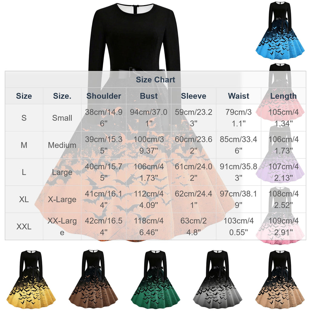 Women's Vintage Halloween Bat Print Swing Dress Long Sleeve 1950s Retro A-Line Midi Dresses with Satin Sash Belt for Gothic Cosplay Evening Prom Party