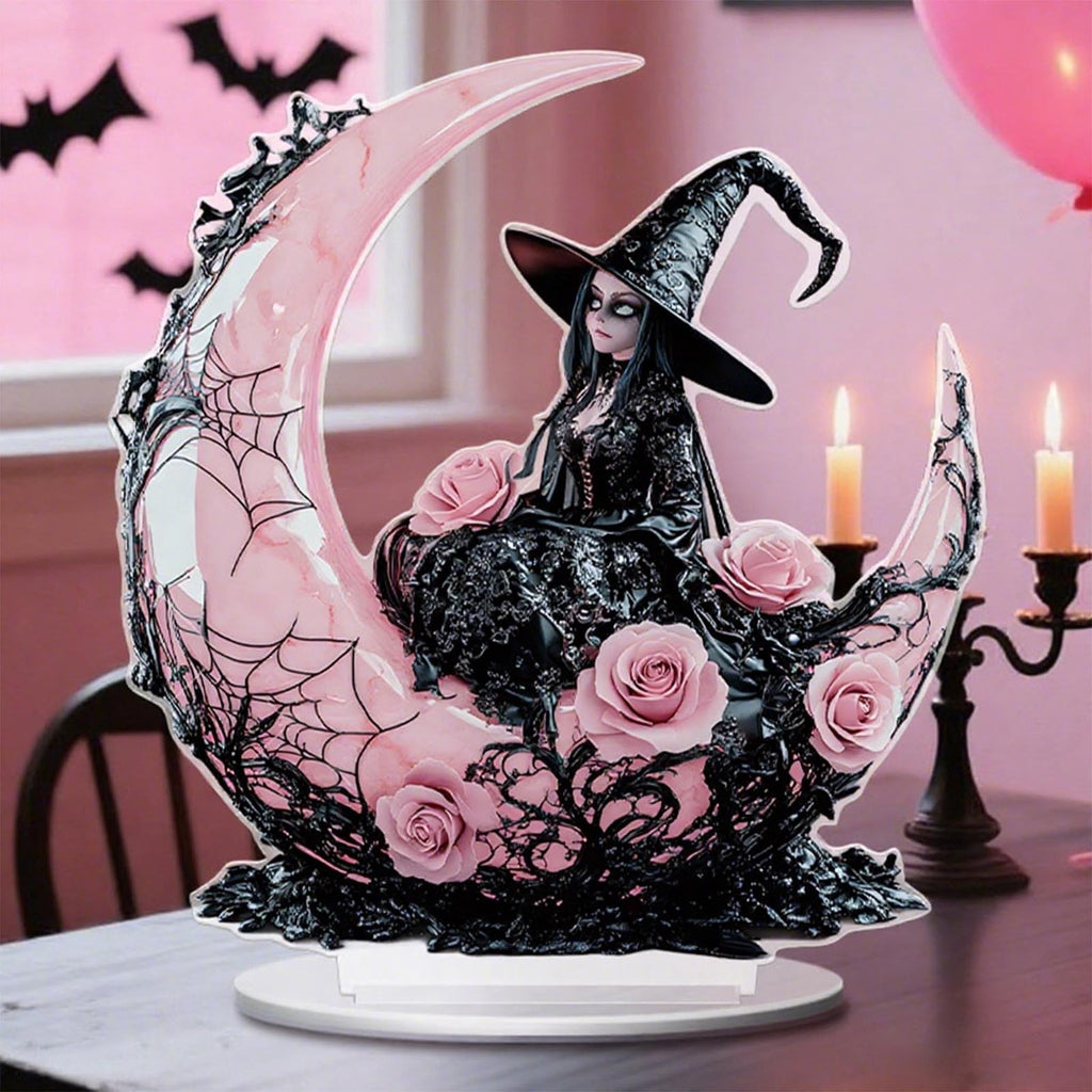 Mauxuk Halloween Black Witch Acrylic Decor - Gothic 2D Tabletop Centerpiece for Spooky Party, Haunting Mantel Decor, Gift for Horror Fans, 8-Inch Tall with Stand
