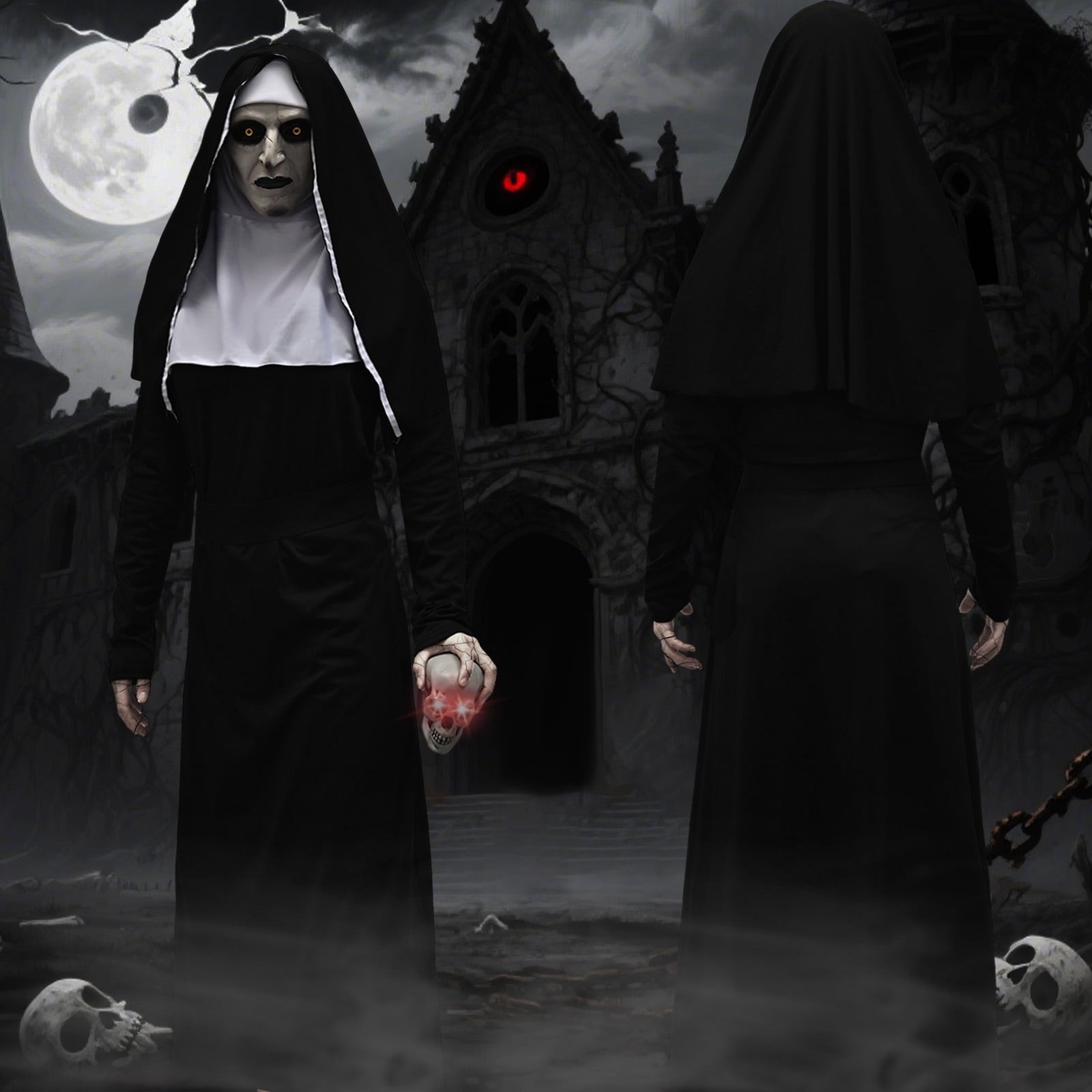 Forfamy Adults Nun Costume, Women Nun Fancy Dress with Necklace, Halloween Nun Costumes Nun Outfit for Halloween Cosplay Party