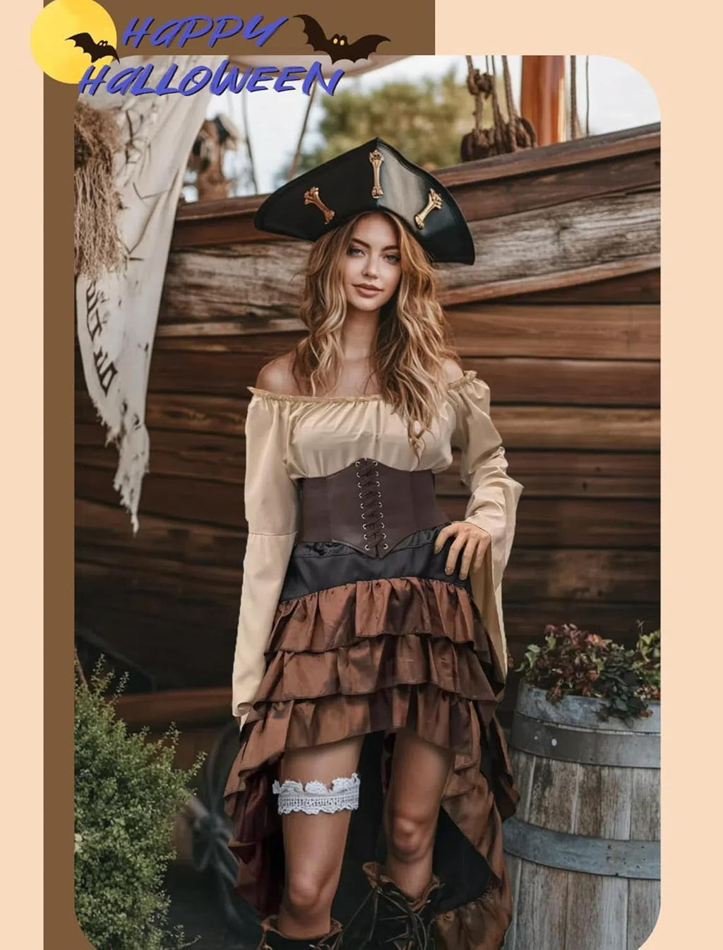 2026 Halloween Pirate Costume Women, Fancy Dress Cosplay Costumes Set with Renaissance Pirate Shirt Skirt Corset Waist Belt