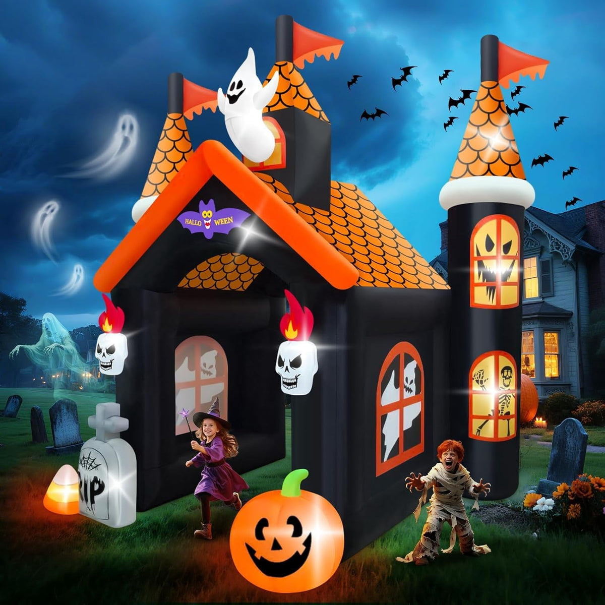 12FT Halloween Inflatable Archway, Kalolary Large Haunted House Inflatable Ghost Pumpkin Blow up Tunnel Halloween Outdoor Indoor Decorations Holiday Yard Lawn Inflatables for Home Family Party