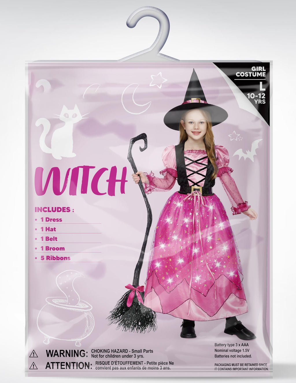 Joyfy Light Up Witch Costume Set for Girls, Starry Witch Dress with Broom Belt Hat for Kids and Toddlers, Perfect for Halloween Party Dress-Up Cosplay (5-12 Years)