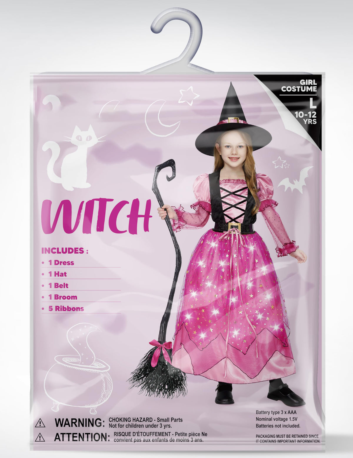 Joyfy Light Up Witch Costume Set for Girls, Starry Witch Dress with Broom Belt Hat for Kids and Toddlers, Perfect for Halloween Party Dress-Up Cosplay (5-12 Years)