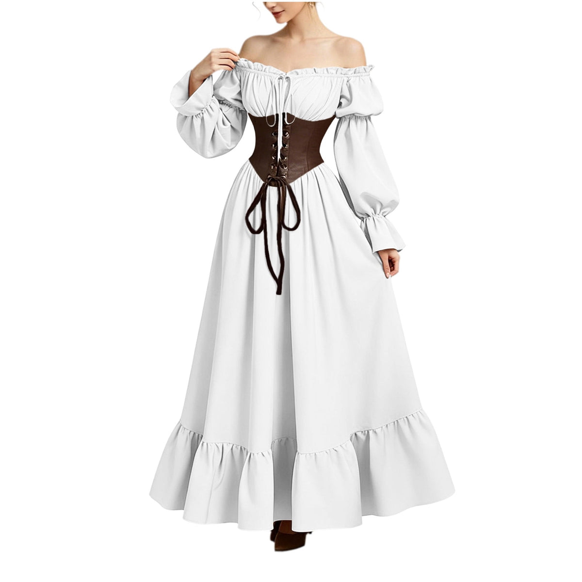 QATAINLAV Renaissance Costume Women Vintage Medieval Dress Cold Shoulder Short Sleeve Peasant Pirate Irish Maxi Dresses, Black, L