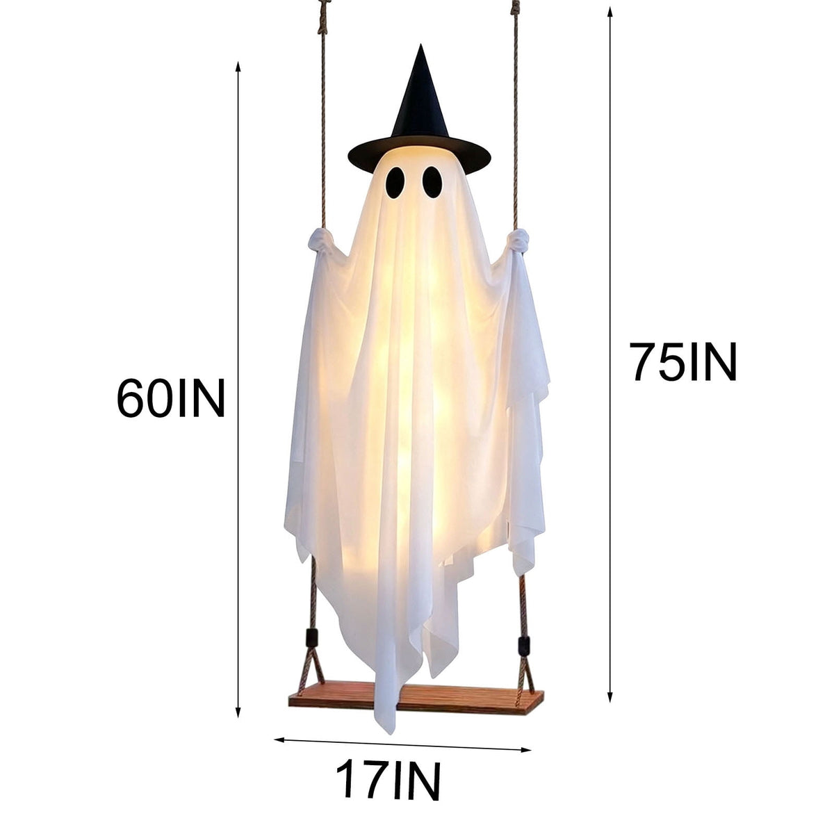 Cloth Hanging Swing Ghost Halloween Outdoor Decor,Remote Controlled LED Lighted Floating Ghost Ornament With 8 Lighting Modes For Porch Tree Yard Seasonal Holiday Display,Total Length 120.4 in.A