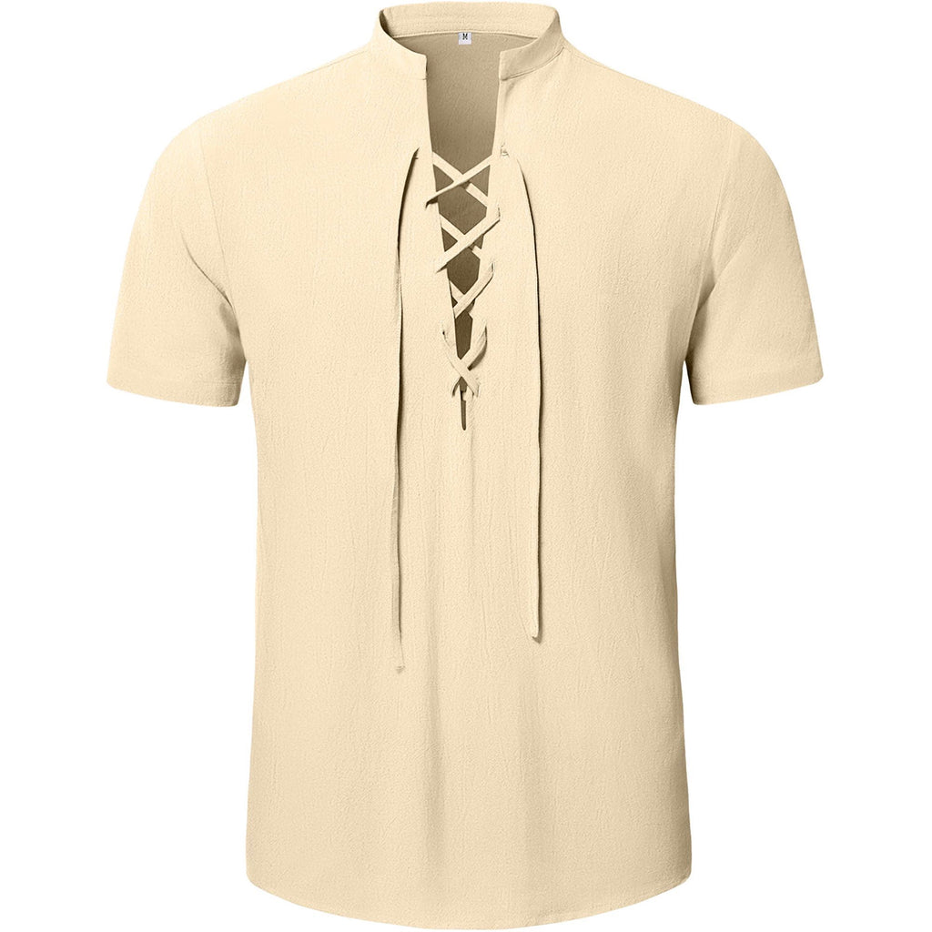HAOMEILI Men's Cotton Linen Lace-Up V-Neck Short Sleeve Shirt