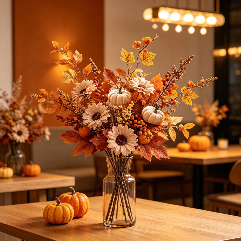 SCNOR Artificial Fall Floral Pick with Pumpkin Maple Leaf Sunflower, Halloween Thanksgiving Table Centerpiece for Home Decor