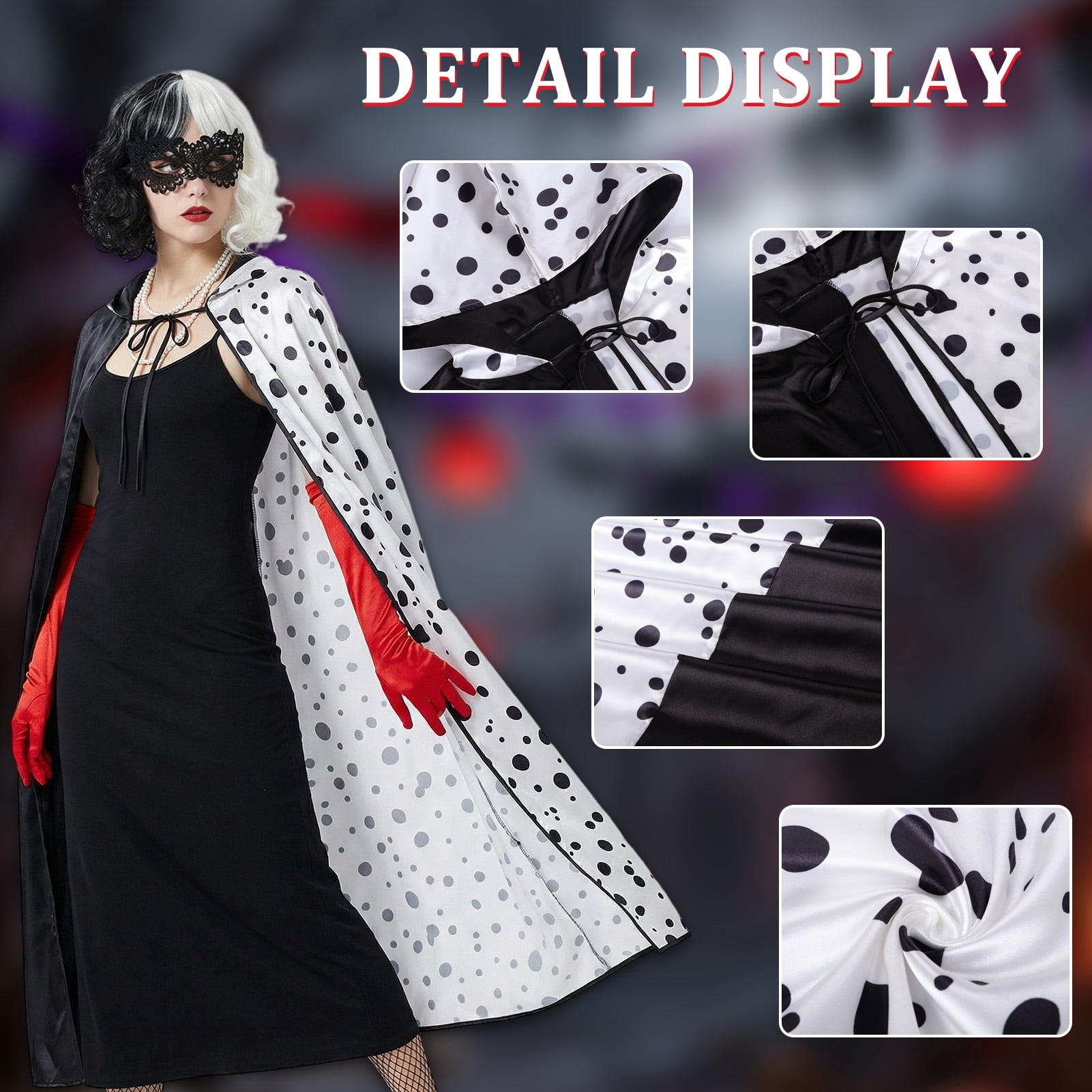 Forfamy De-Ville Costume Women,Black White Coat with Wigs Gloves Necklace, Womens Halloween Costumes