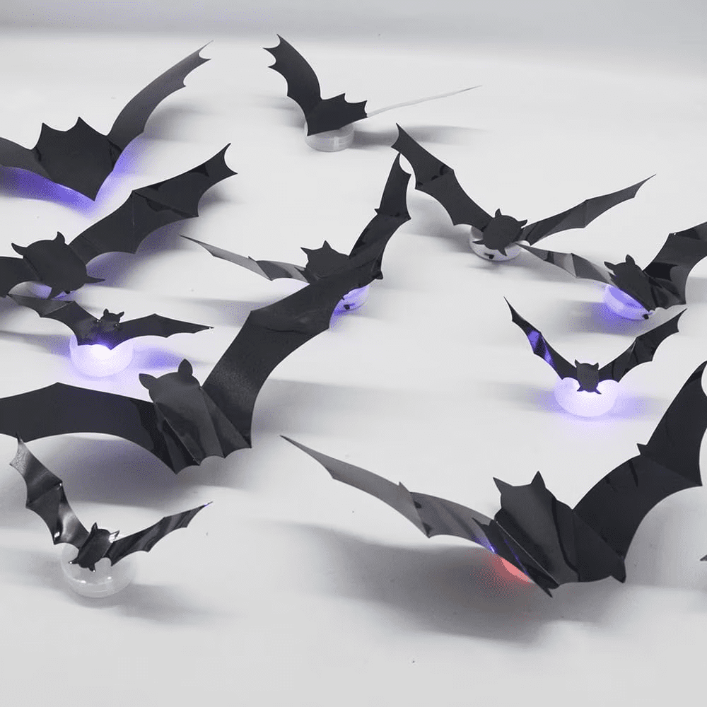 CQHVKQ 60 PCS Halloween Bats Decorations, Realistic 3D LED Bats Wall Stickers Decor, Assorted Size Removable Lighted PVC Bats DIY Wall Sticker for Halloween Party, Bedroom, Home, Indoor and Outdoor