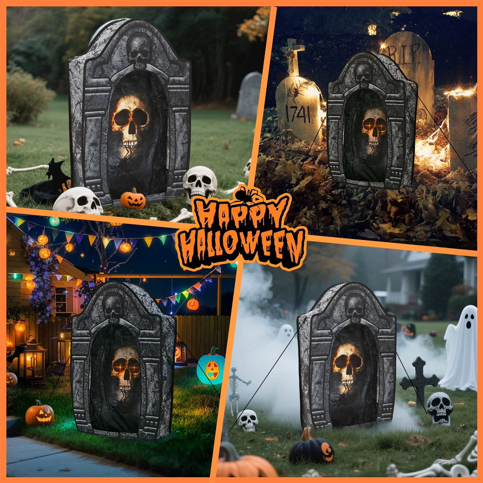 Wondiair 41" Halloween Tombstone with Lighted Skeleton, Outdoor Halloween Graveyard Decoration for Yard, Lawn, Porch & Haunted House