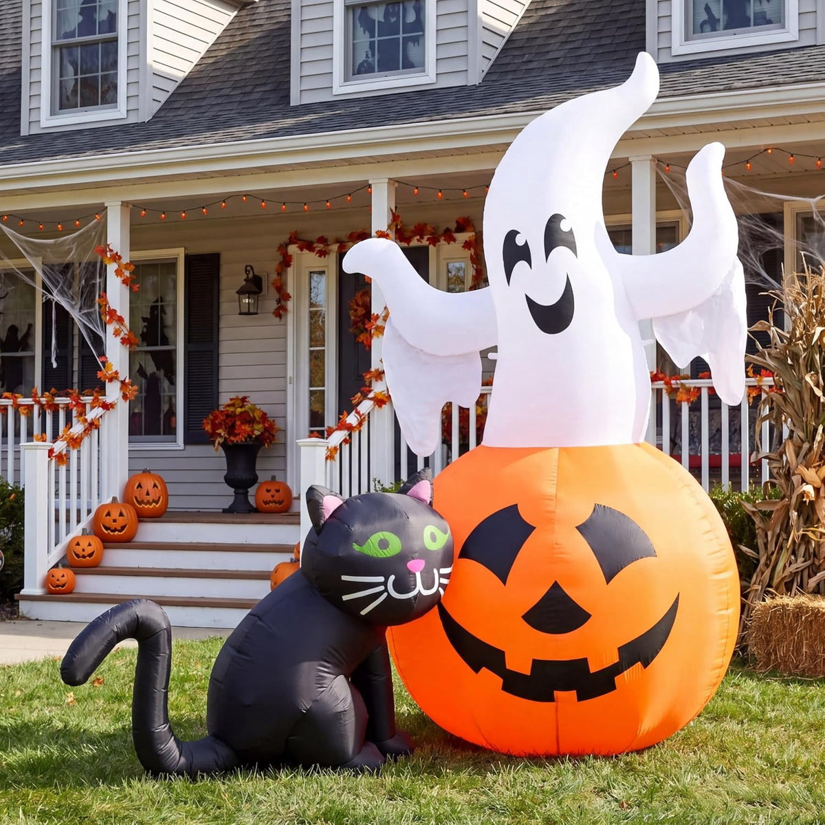 Joyfy 5ft Halloween Inflatables Light up Cute Ghost,Blow Up Ghost Lift Pumpkin Candy Bag with Build-in LEDs for Yard Decorations