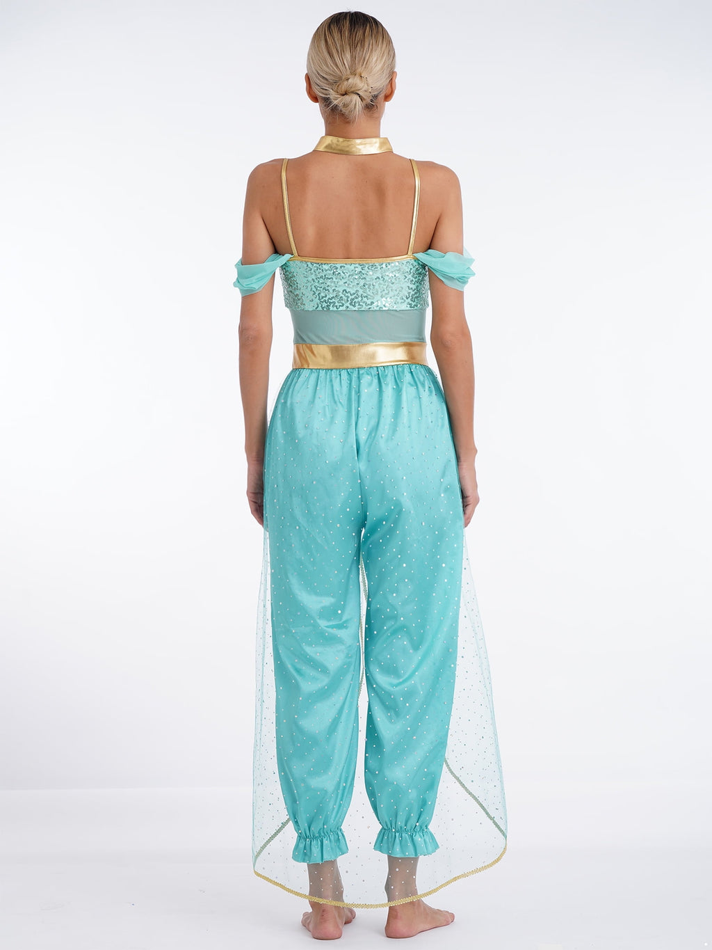 YiZYiF Women's Arabian Princess Dance Costume Halloween Party Fancy Dress Shiny Belly Dance Jumpsuit Turquoise B 4XL