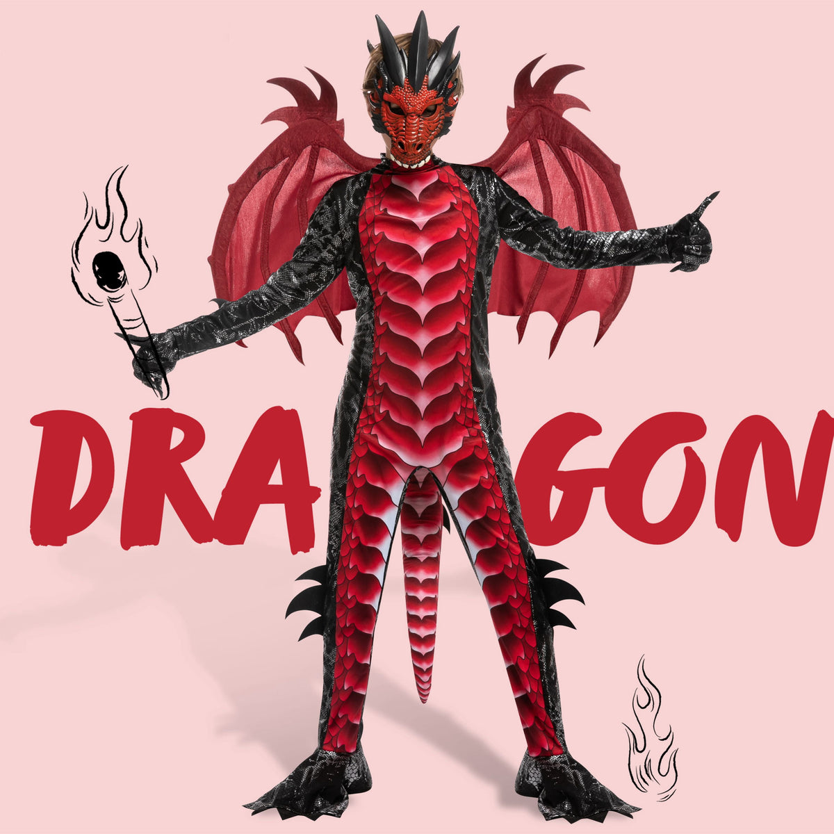 Joyfy Dragon Costume for Kids Boys Dragon Costume with Dragon Wings, Tail and Mask Outfits Set for Toddlers Halloween Dress Up 5-12 Years