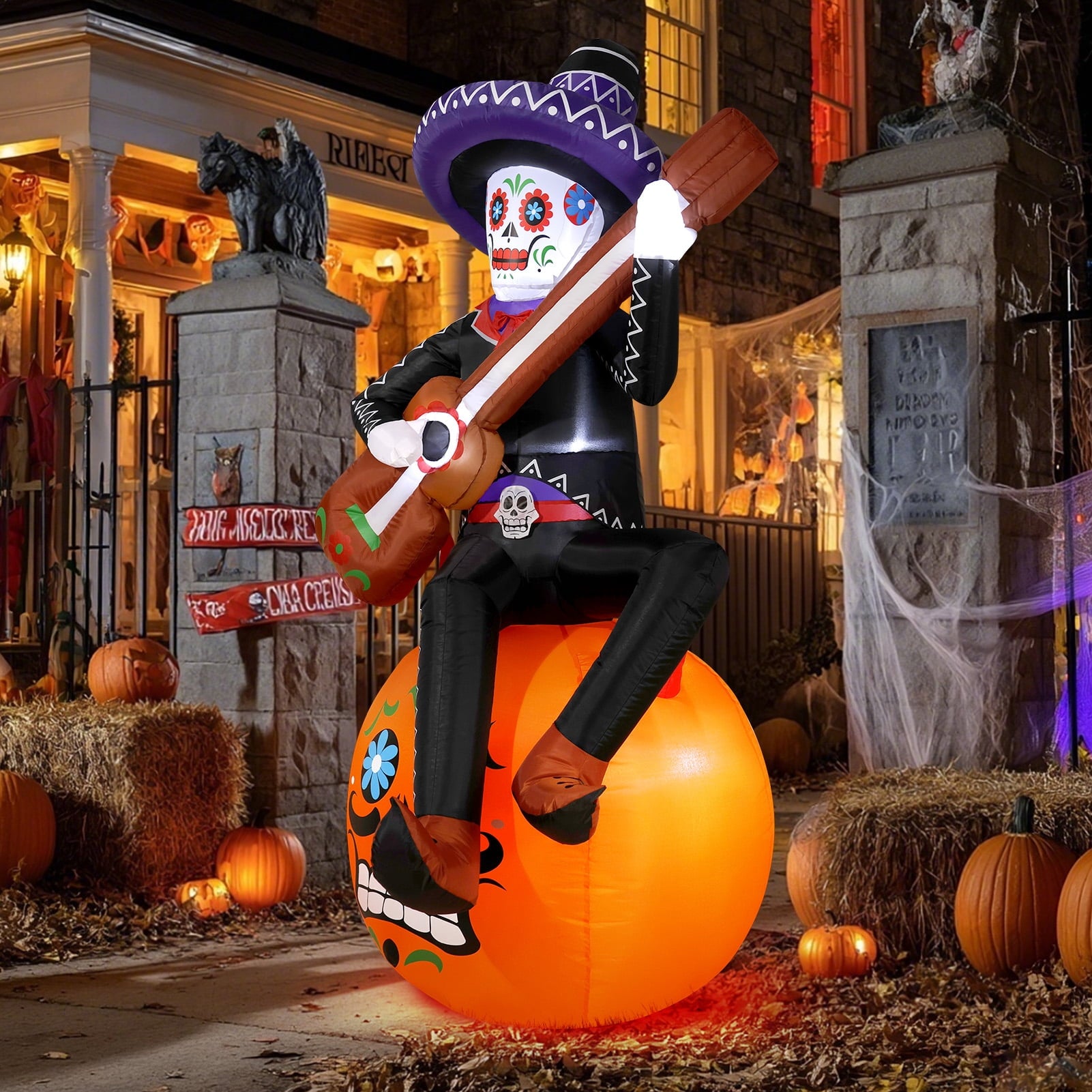 Ayieyill 6FT Halloween Inflatable Outdoor Decoration, Day of the Dead Skull with Guitar, Blow Up Yard Decor