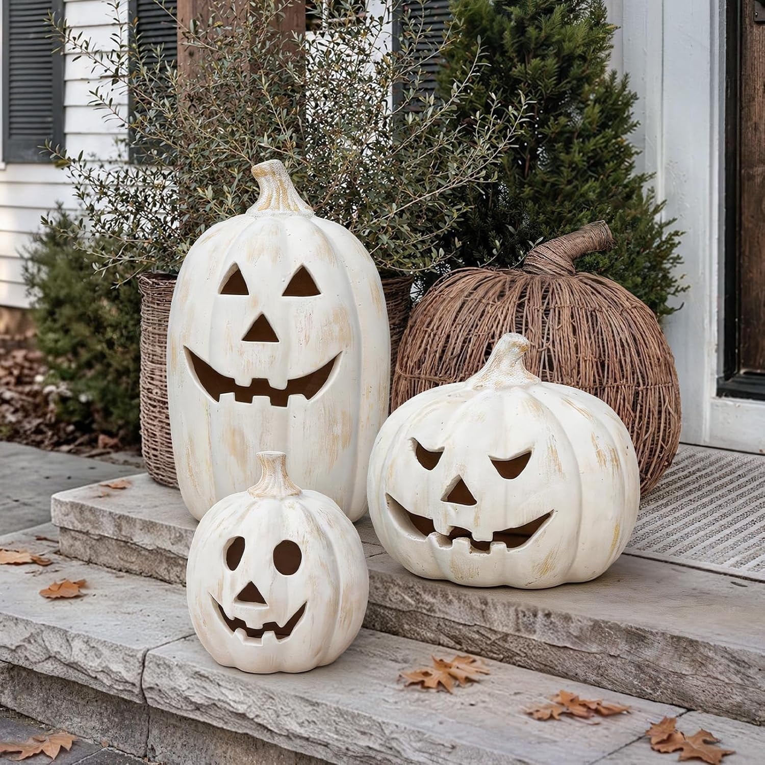 Fall Decor - Halloween Decorations - 5.9"H White Handmade Resin Pumpkin Jack O' Lantern with Flameless Candle - Outdoor Indoor Autumn Decoration for Table Centerpieces Porch Room Front Door