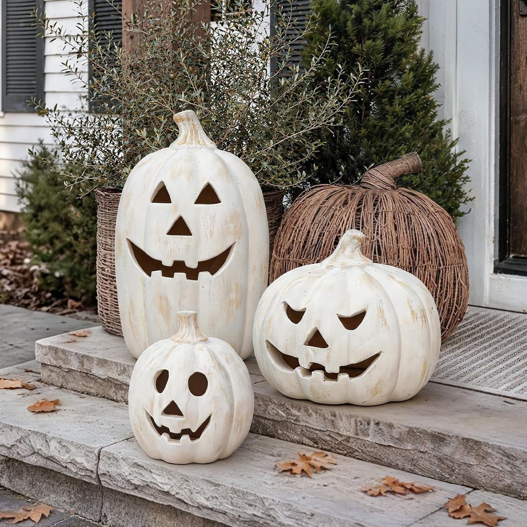 Fall Decorations for Home - Halloween Decor Indoor - 7.87" H White Handmade Resin Pumpkin Jack O' Lantern with Flameless Candle - Outdoor Decoration for Front Door Porch Mantel Kitchen Living Room