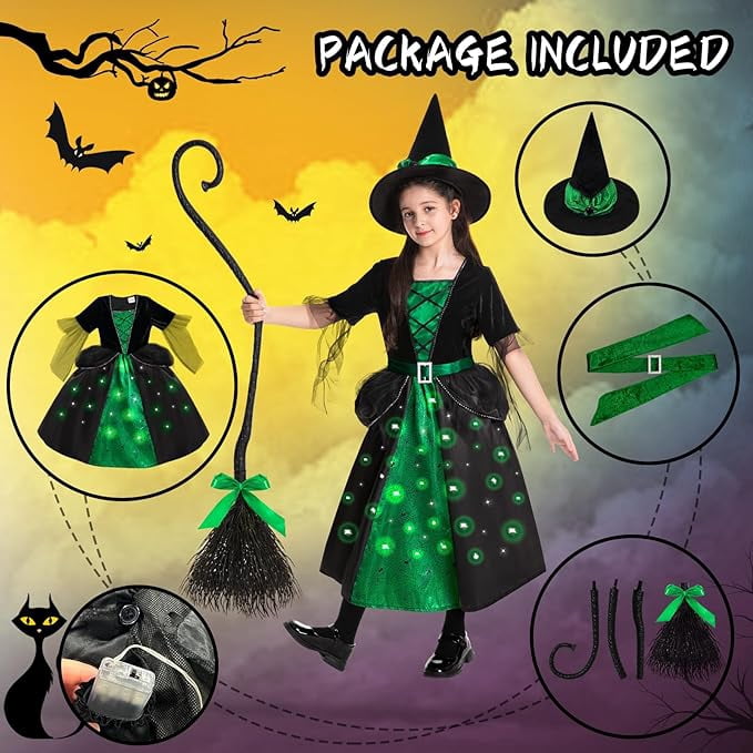 Girls Witch Halloween Costumes, Light Up Halloween Witch Dress with Broom and Hat for Kids Cosplay Party 5-7 Years