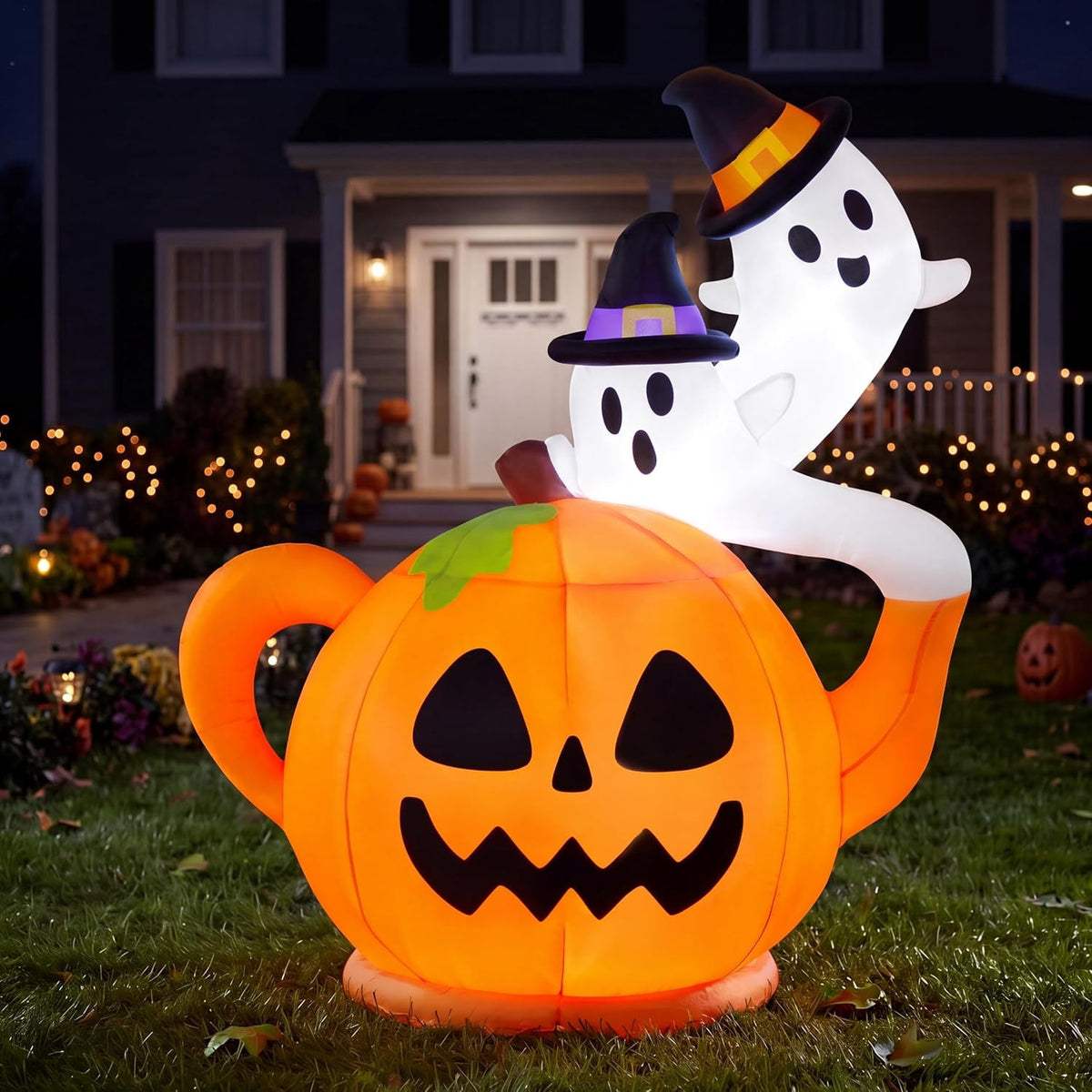 Joyfy 5ft Halloween Inflatables Light up Cute Ghost,Blow Up Ghost Lift Pumpkin Candy Bag with Build-in LEDs for Yard Decorations