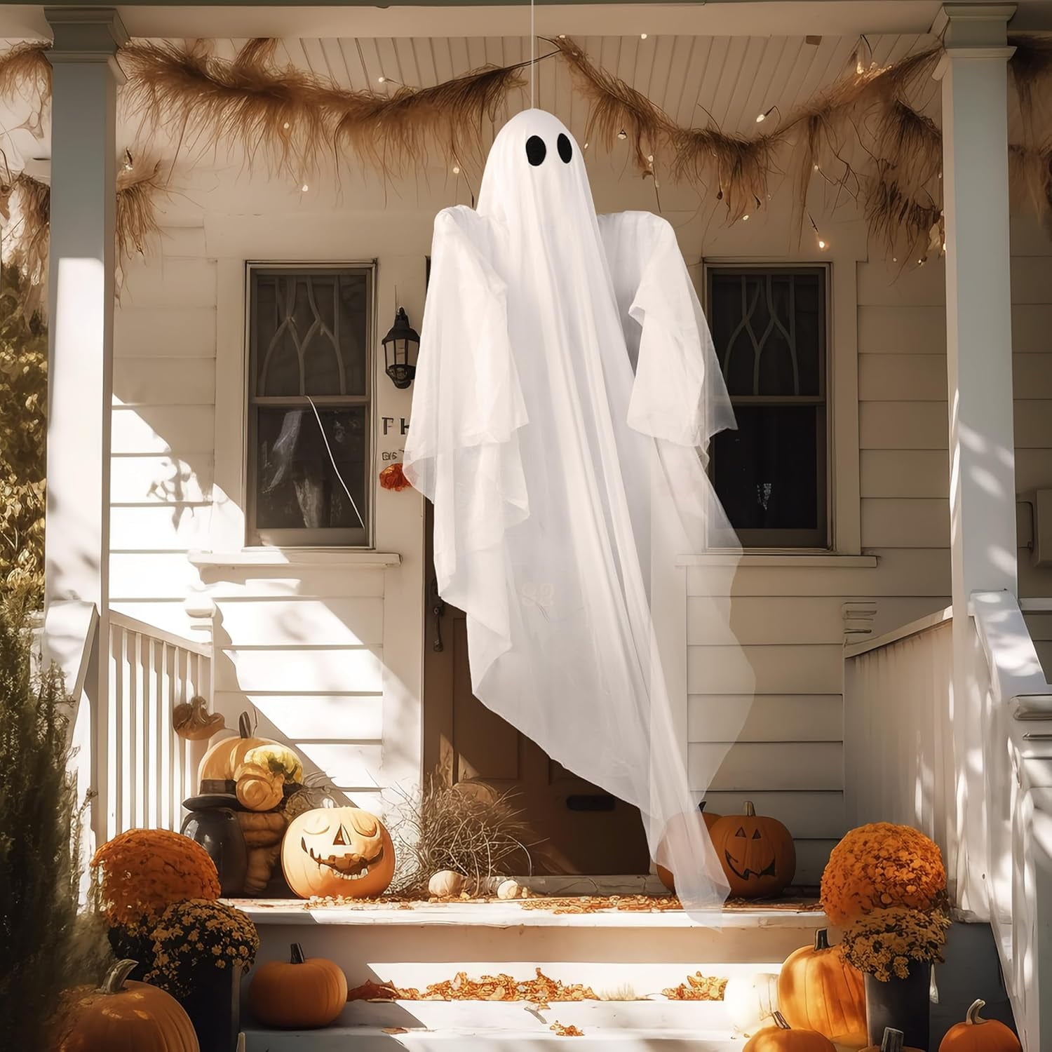 Ayieyill Halloween Ghost Decor with Warm White LED Light, 47” Light up Hanging Ghost Halloween Yard Porch Decorations Outdoor