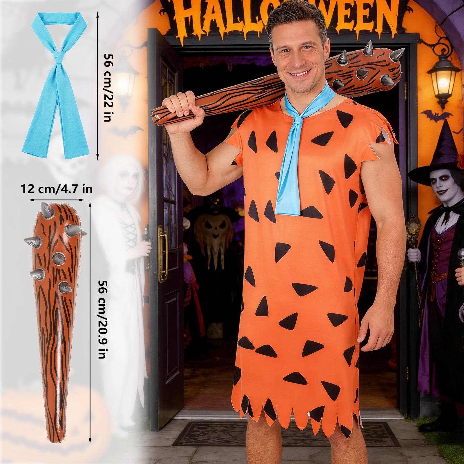 Halloween Men's Costume Adult Caveman Cartoon Style Outfit, Orange & Brown for Cosplay Family Parties