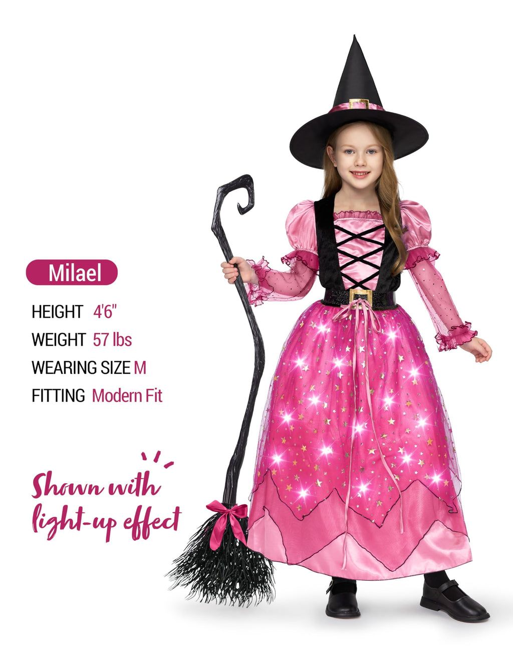 Joyfy Light Up Witch Costume Set for Girls, Starry Witch Dress with Broom Belt Hat for Kids and Toddlers, Perfect for Halloween Party Dress-Up Cosplay (5-12 Years)