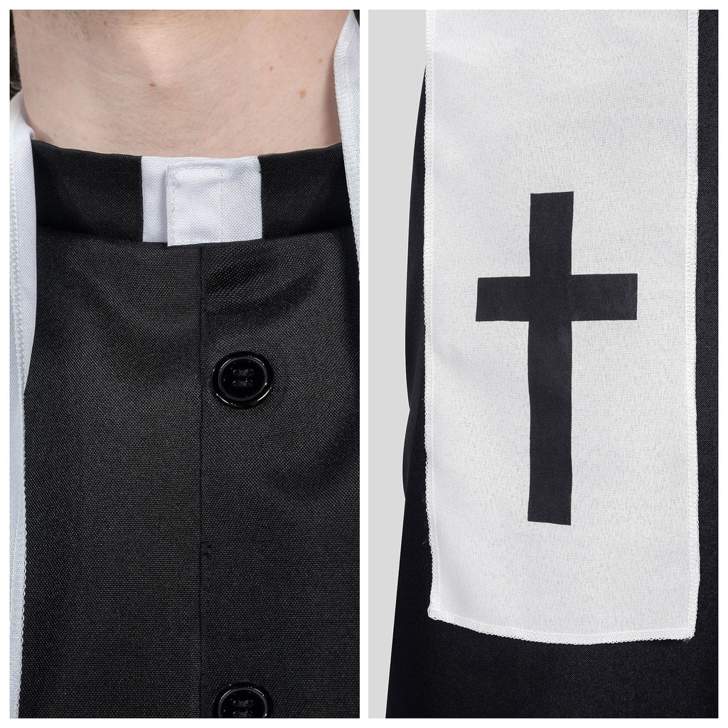 Joyfy Men's Priest Costume Black Priest Father Robe Stole for Halloween Party Dress up Cosplay