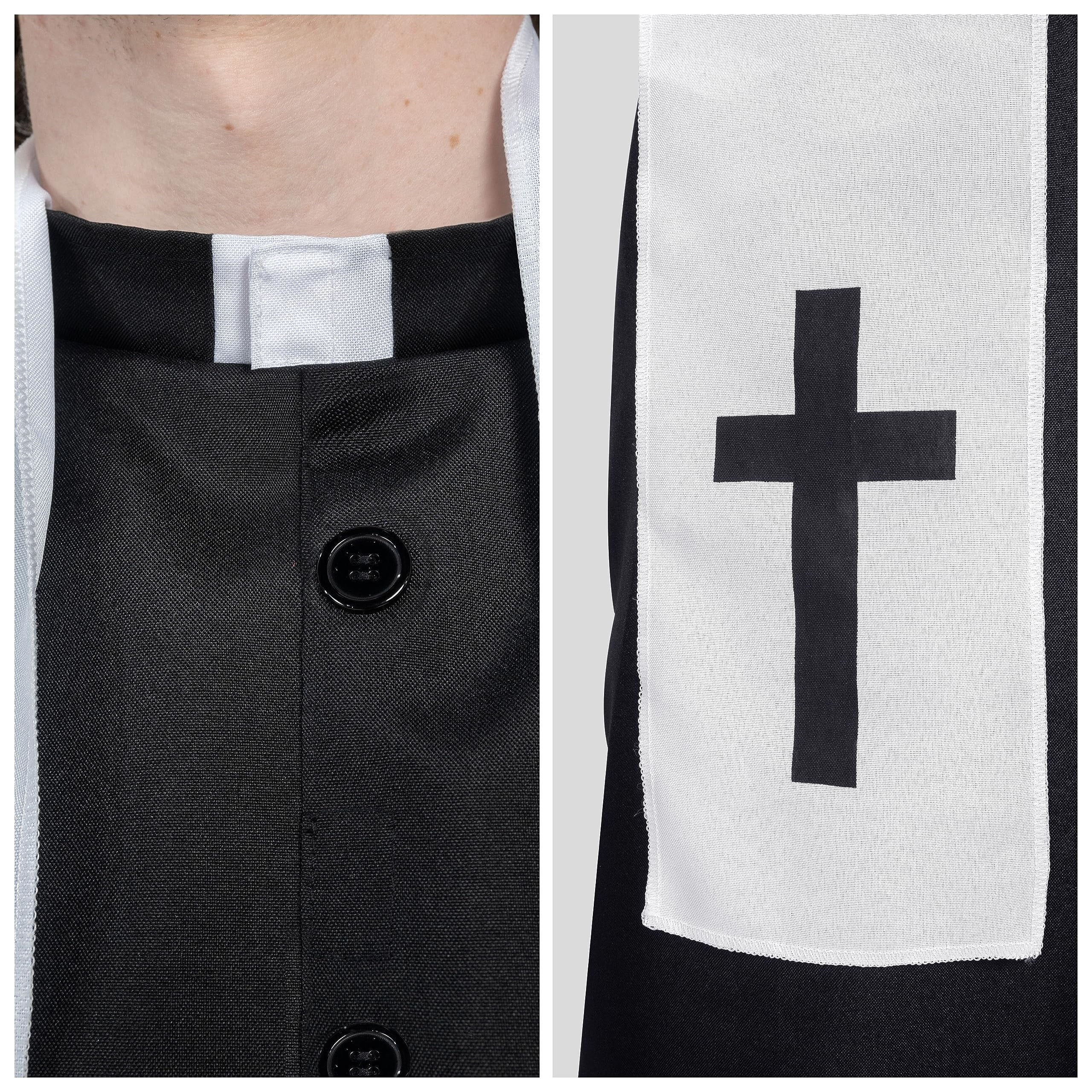 Joyfy Men's Priest Costume Black Priest Father Robe Stole for Halloween Party Dress up Cosplay