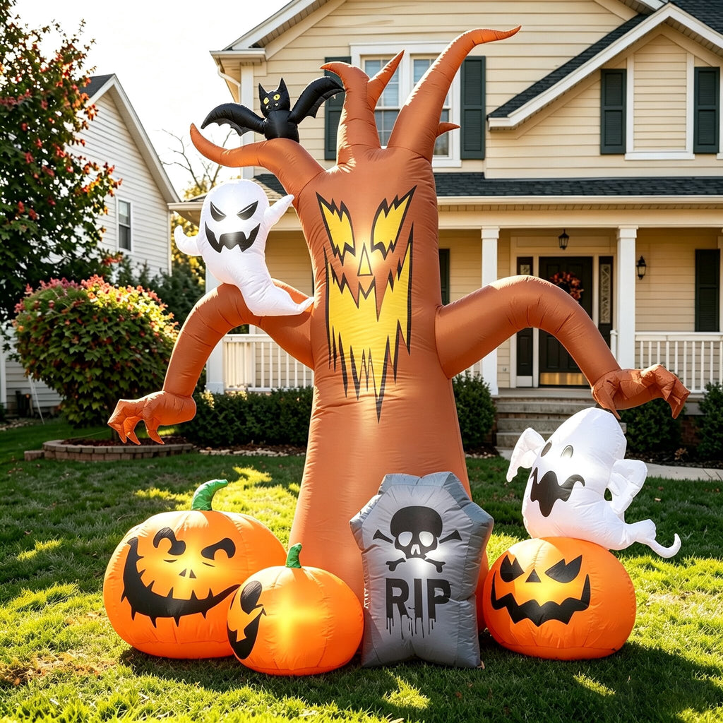 Coolmade 8 ft Halloween Inflatable Dead Tree, Blow‑Up Yard Decor with Built‑in LED Lights, Pumpkin Ghost Tombstone Bat for Lawn Garden Party