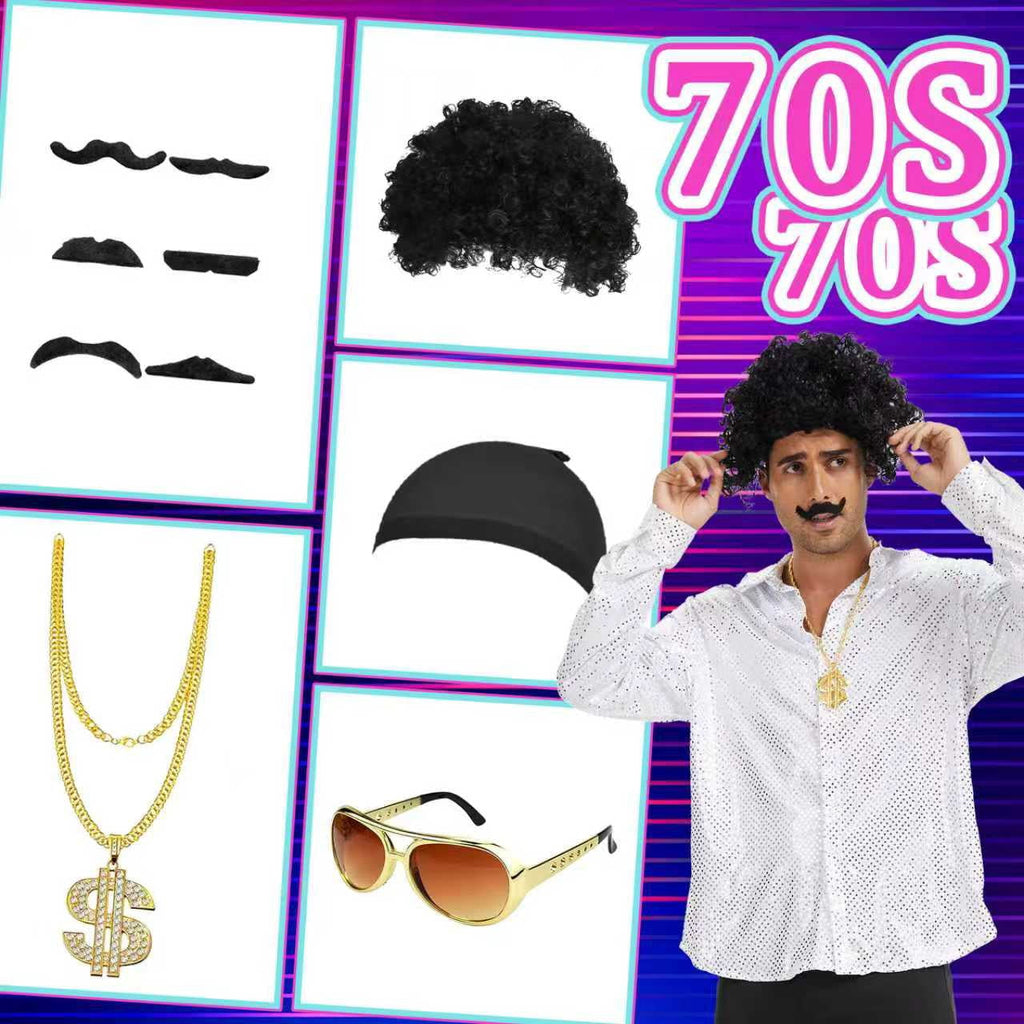 MYATED 70s Disco Costume for Men 6 Pcs Dance Bell Bottom Pants Retro Shirts Wigs Sunglasses Necklace Shirts for Disco Party (Black,L)