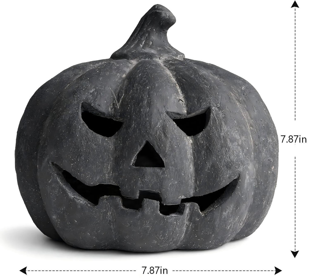 Halloween Decorations - 9.8" Black Handmade Resin Jack O Lantern Pumpkin Fall Decor, Indoor Outside Gothic Festival House Centerpiece Decoration for Table Garden Living Room Mantel
