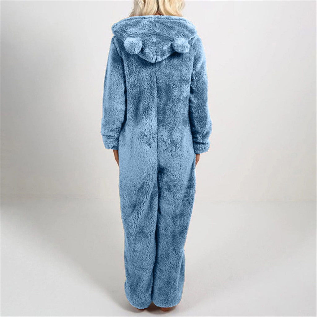 QATAINLAV Sherpa Fleece Jumpsuit for Women Winter Warm Fuzzy Onesie Pajamas Cute Cat Hooded Romper Casual Zip Up Overalls Sleepwear Black XL