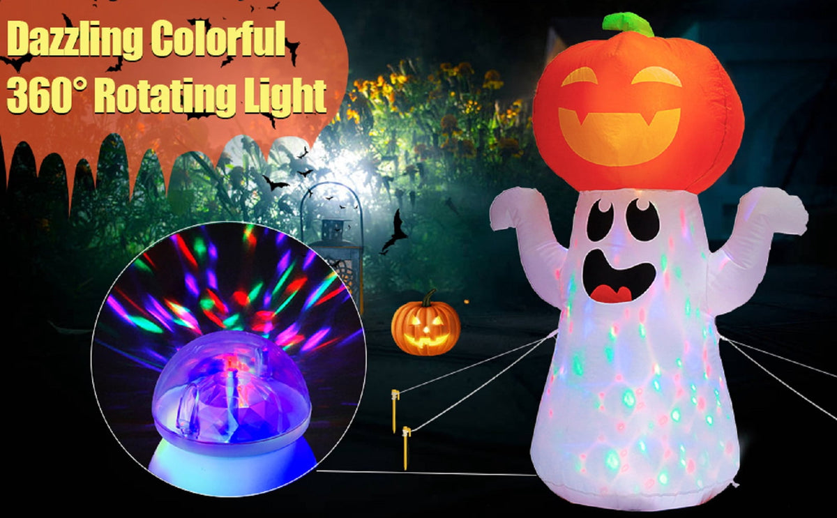 5FT Halloween Inflatable Pumpkin with 360° Rotating LED Lights, Outdoor/Indoor Decor