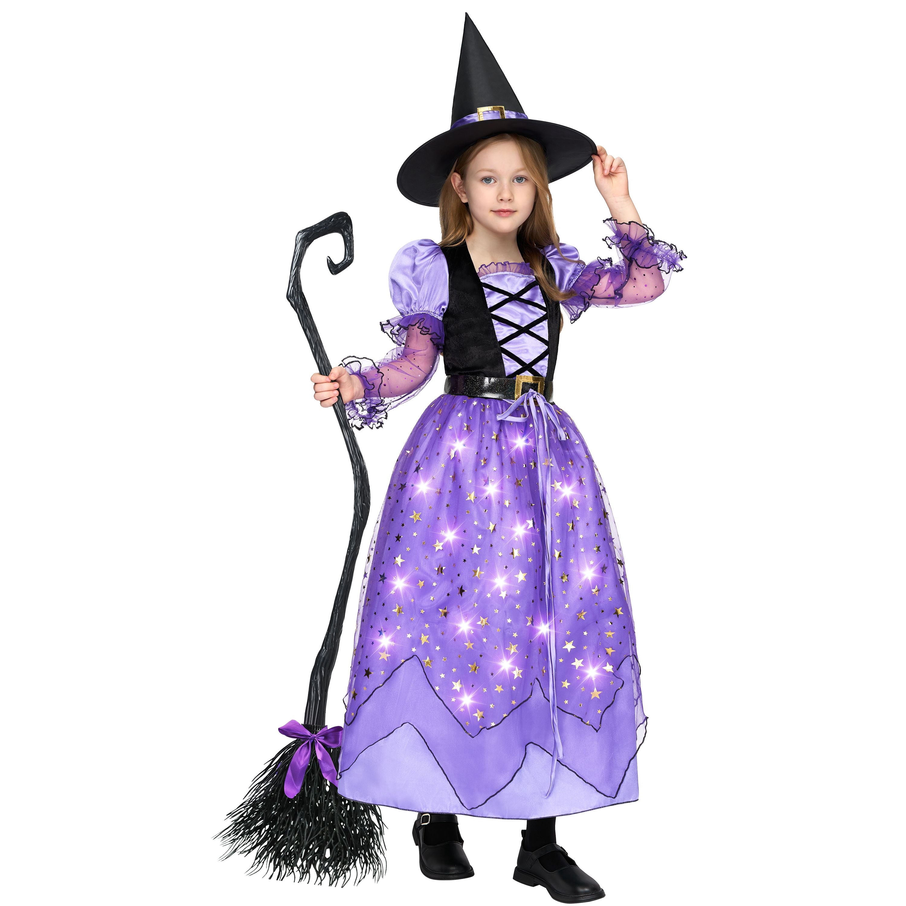 Joyfy Light Up Witch Costume Set for Girls, Starry Witch Dress with Broom Belt Hat for Kids and Toddlers, Perfect for Halloween Party Dress-Up Cosplay (5-12 Years)