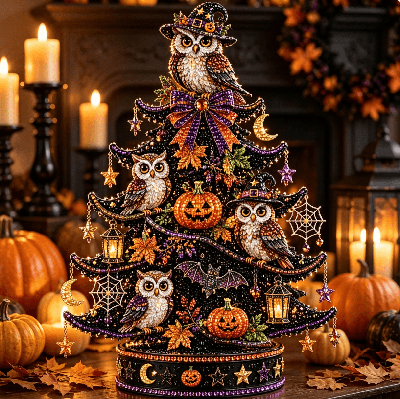 2026 Moonlit Black Cat DIY Halloween Quilted Fabric Tree Kit - Patchwork Fabric Halloween Tabletop Tree, Autumn Mantel Ornament for Adult Rustic Farmhouse Seasonal Display