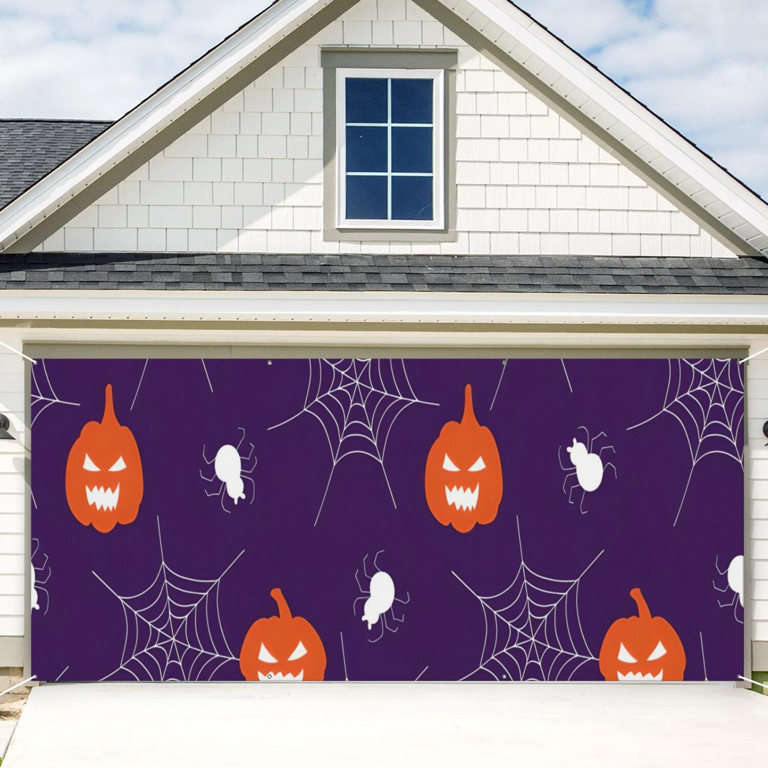 Halloween Garage Door Cover - 13x6ft Spooky Ghost Pumpkin Skull Witch Black Cat Polyester Backdrop for Outdoor Decor