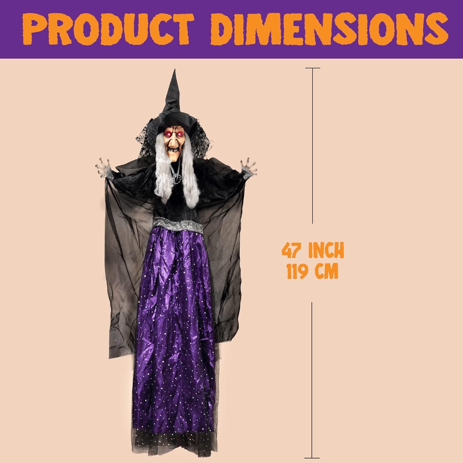 Joyfy 47" Halloween Decorations Outdoor,Life Size Animated Witch Scary Decorations Halloween Motion Activated Witch with LED Eyes & Sound,Haunted House Decor